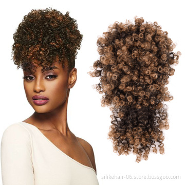 Cheap Afro Puff Hair Pieces For Women Short Kinky Curly Chignon With Bangs Drawstring Ponytail Synthetic Hair Bun Extensions